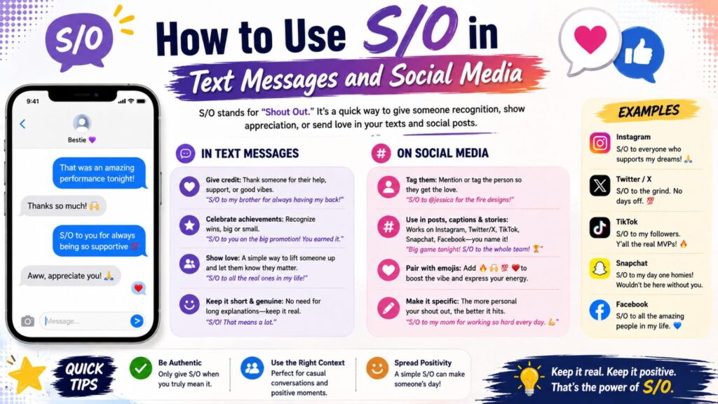 Complete guide to using  S/O meaning slang text messages and social media, with examples, common meanings, proper usage, and tips for online conversations