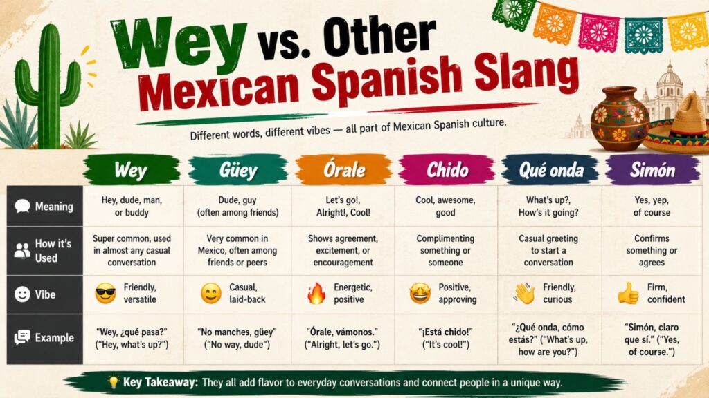 Complete comparison of 'wey' vs. other Mexican Spanish slang terms, explaining their meanings, differences, common usage, and examples in everyday conversations