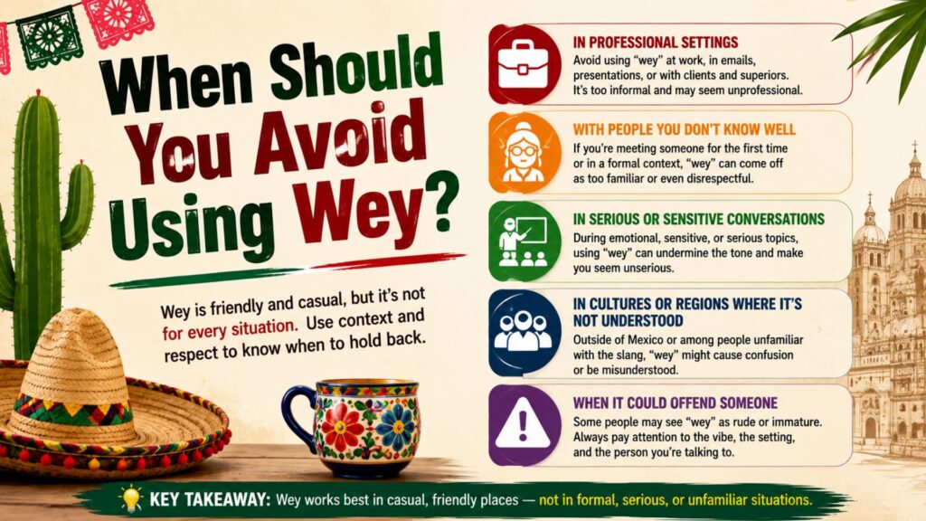 Complete guide explaining when you should avoid using 'wey,' including formal situations, respectful communication, cultural context, and appropriate alternatives in Mexican Spanish