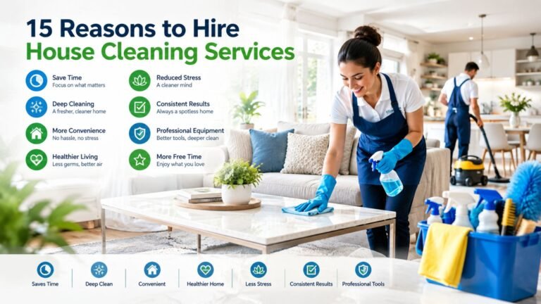 Modern home interior showing professional house cleaning services, clean surfaces, organized rooms, and benefits such as convenience, time savings, and a healthier living space.