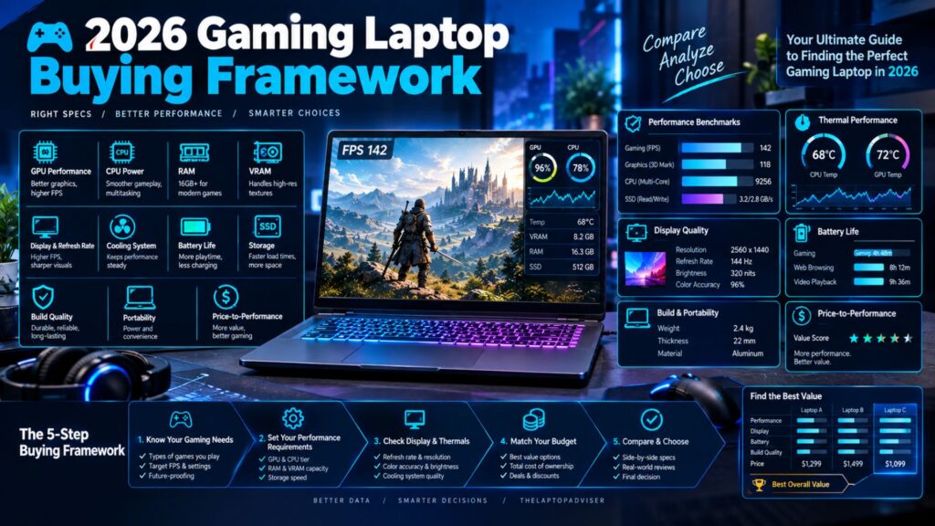 2026 gaming laptop buying framework showing GPU, CPU, display, cooling, battery, storage, and price-to-performance comparison factors
