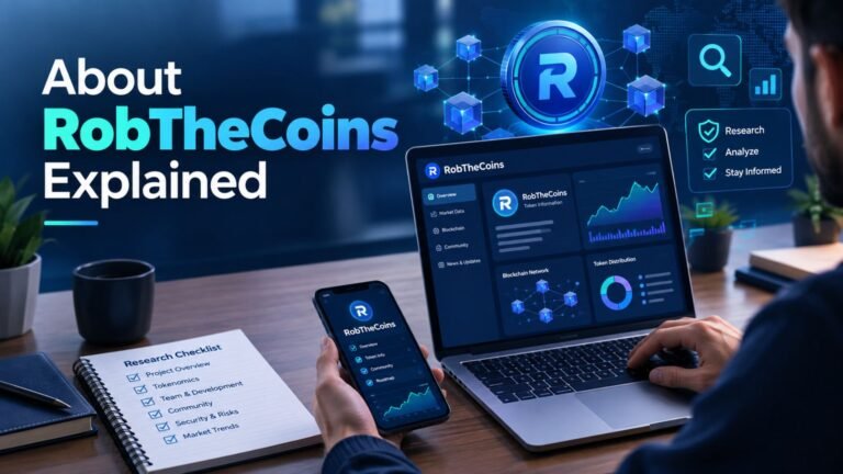 RobTheCoins explained through a cryptocurrency research dashboard with blockchain graphics, market charts, and digital due-diligence elements.
