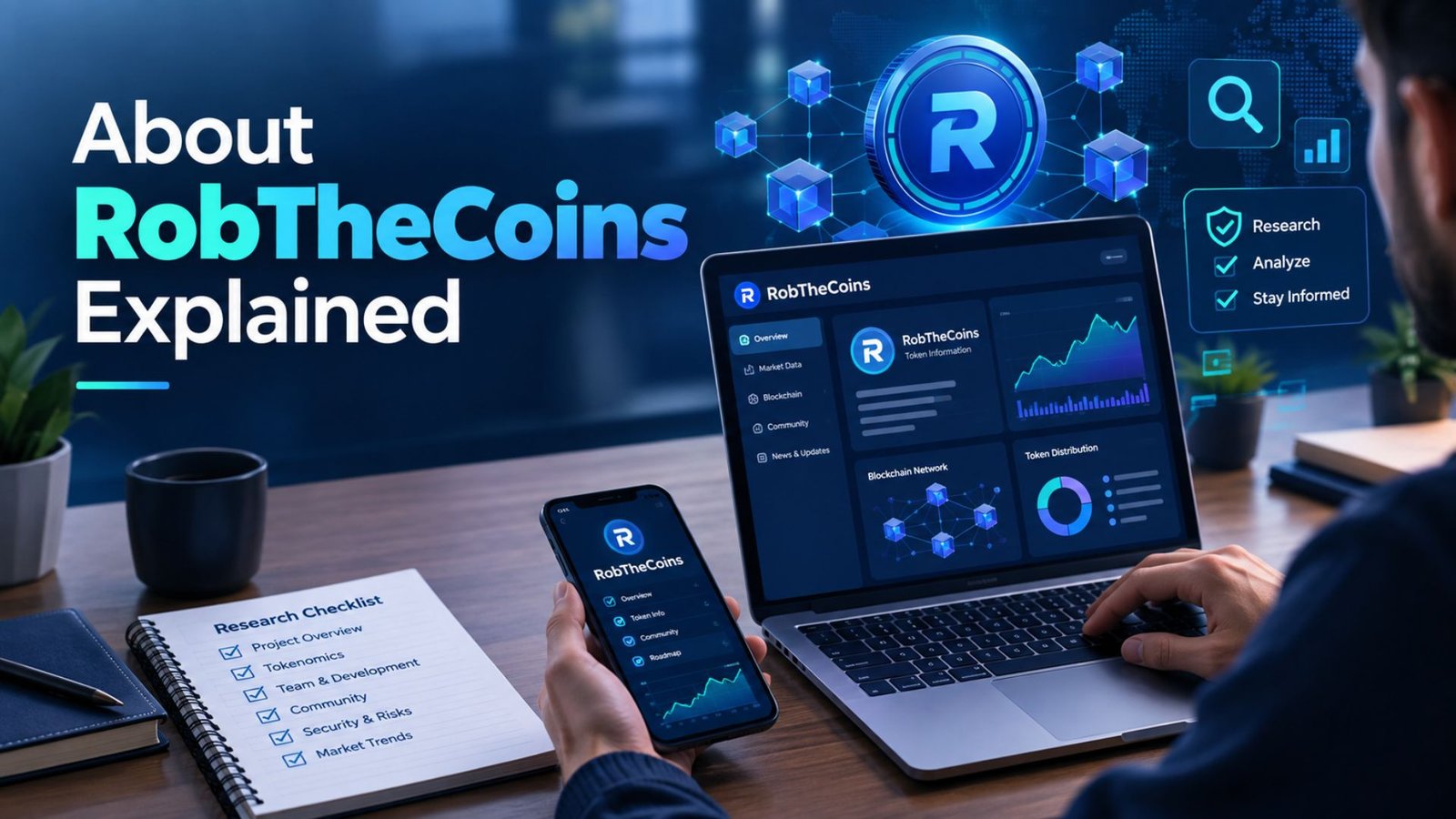 RobTheCoins explained through a cryptocurrency research dashboard with blockchain graphics, market charts, and digital due-diligence elements.