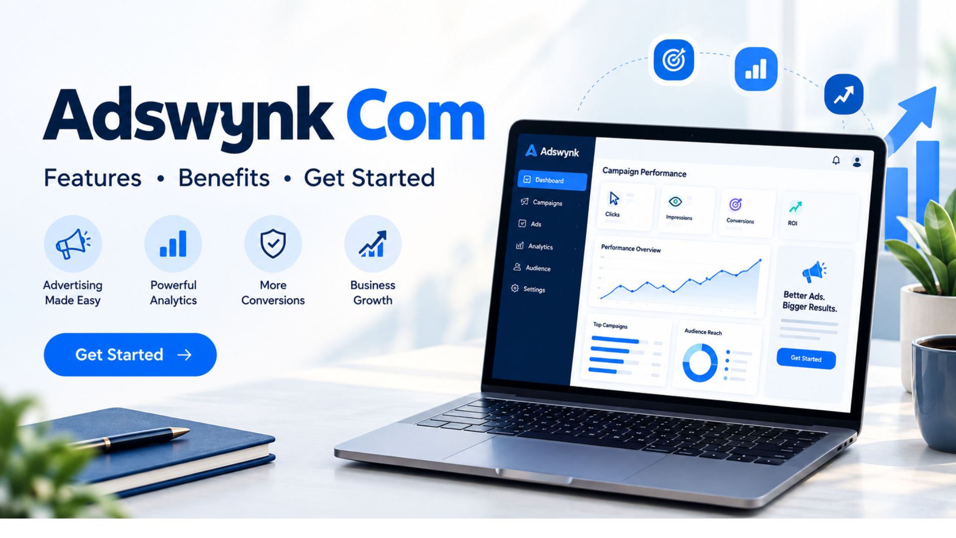 Adswynk Com platform dashboard showing advertising features, benefits, analytics, and a get started interface