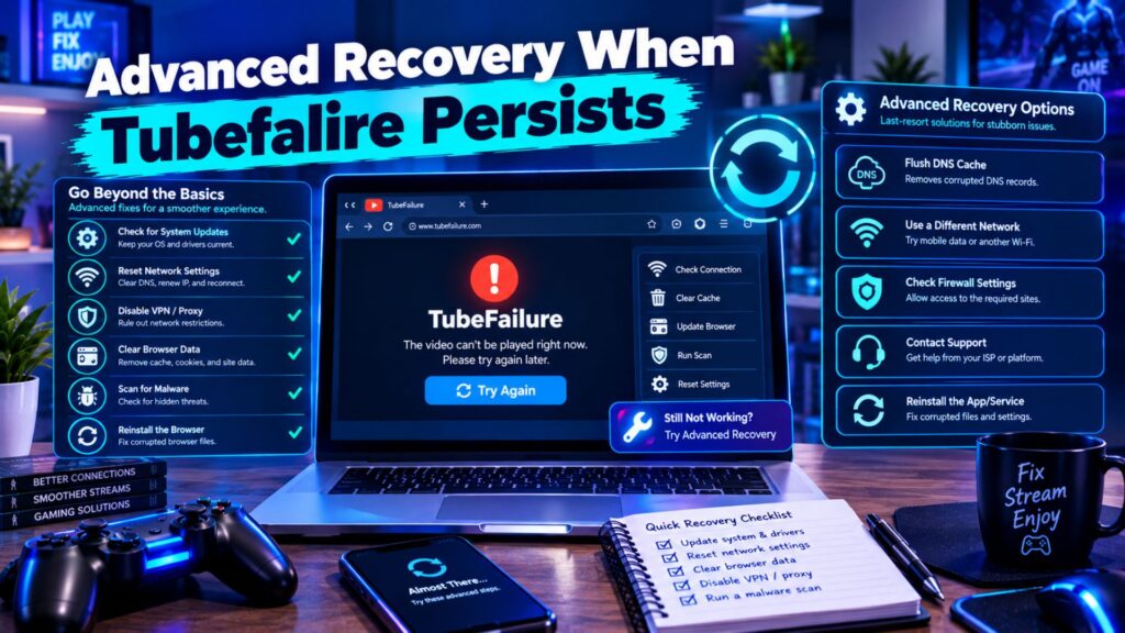 Laptop displaying a persistent TubeFailure error with advanced recovery options, network troubleshooting icons, system checks, and a recovery checklist.
