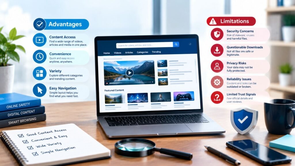 Advantages and limitations of CracksTube.com showing content access, convenience, security concerns, privacy risks, and website reliability.