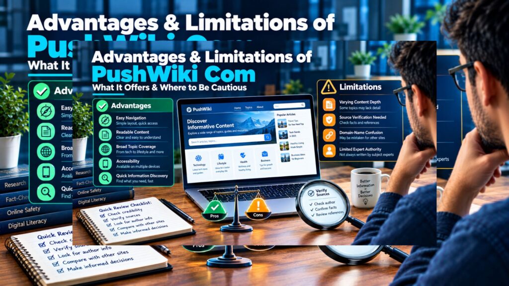 “PushWiki Com advantages and limitations shown through a website review with usability benefits, content coverage, source verification, and caution indicators.”