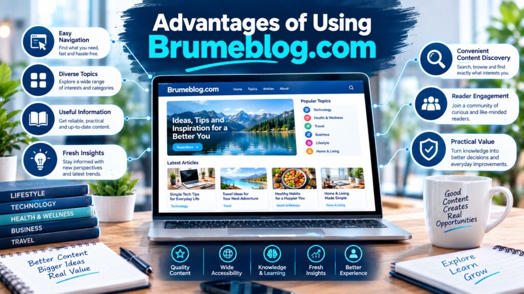 Generic Brumeblog.com-style website showing advantages such as easy content discovery, diverse topics, useful information, fresh insights, and reader engagement.