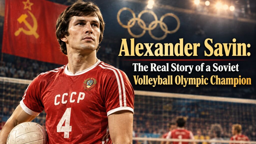 Alexander Savin, Soviet volleyball Olympic champion, pictured in a historic volleyball arena during his legendary career.
