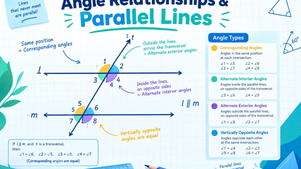 Diagram showing angle relationships formed by a transversal crossing two parallel lines