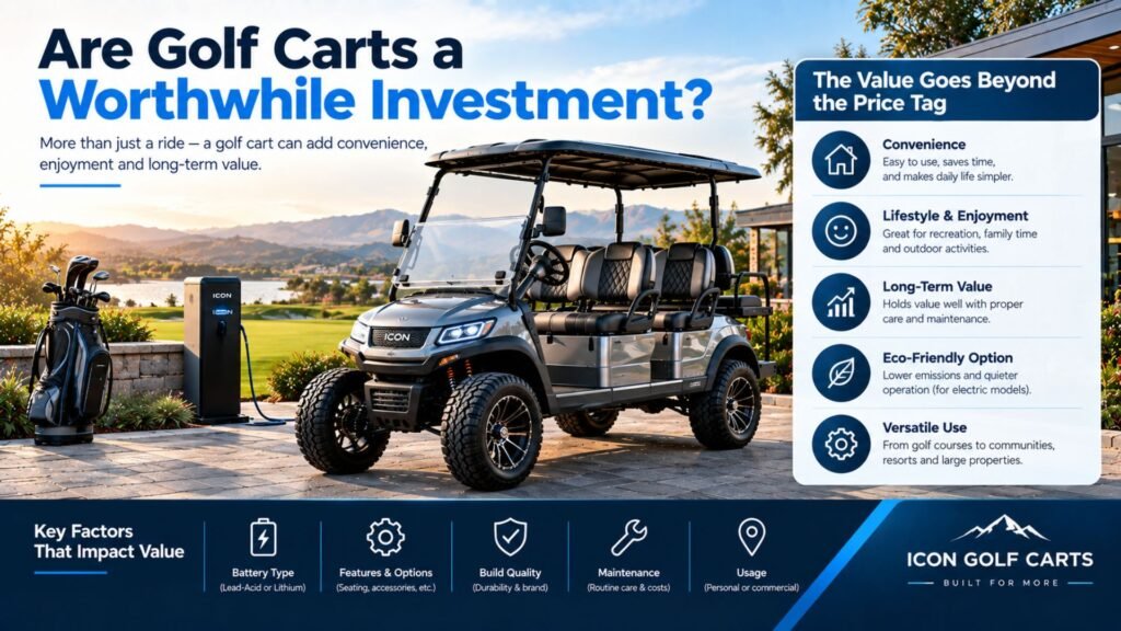 Modern electric golf cart displayed in a scenic outdoor setting with an investment value infographic highlighting convenience, enjoyment, long-term value, maintenance, build quality, and versatile use.
