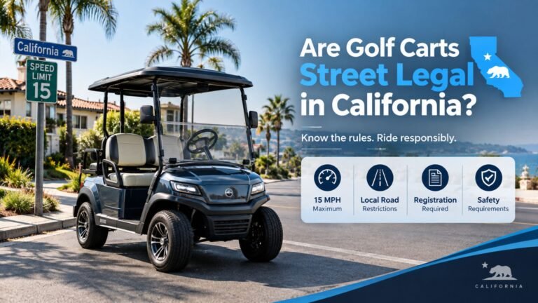 “Are golf carts street legal in California, showing an electric golf cart on a California residential street with legal requirements and road restrictions.”
