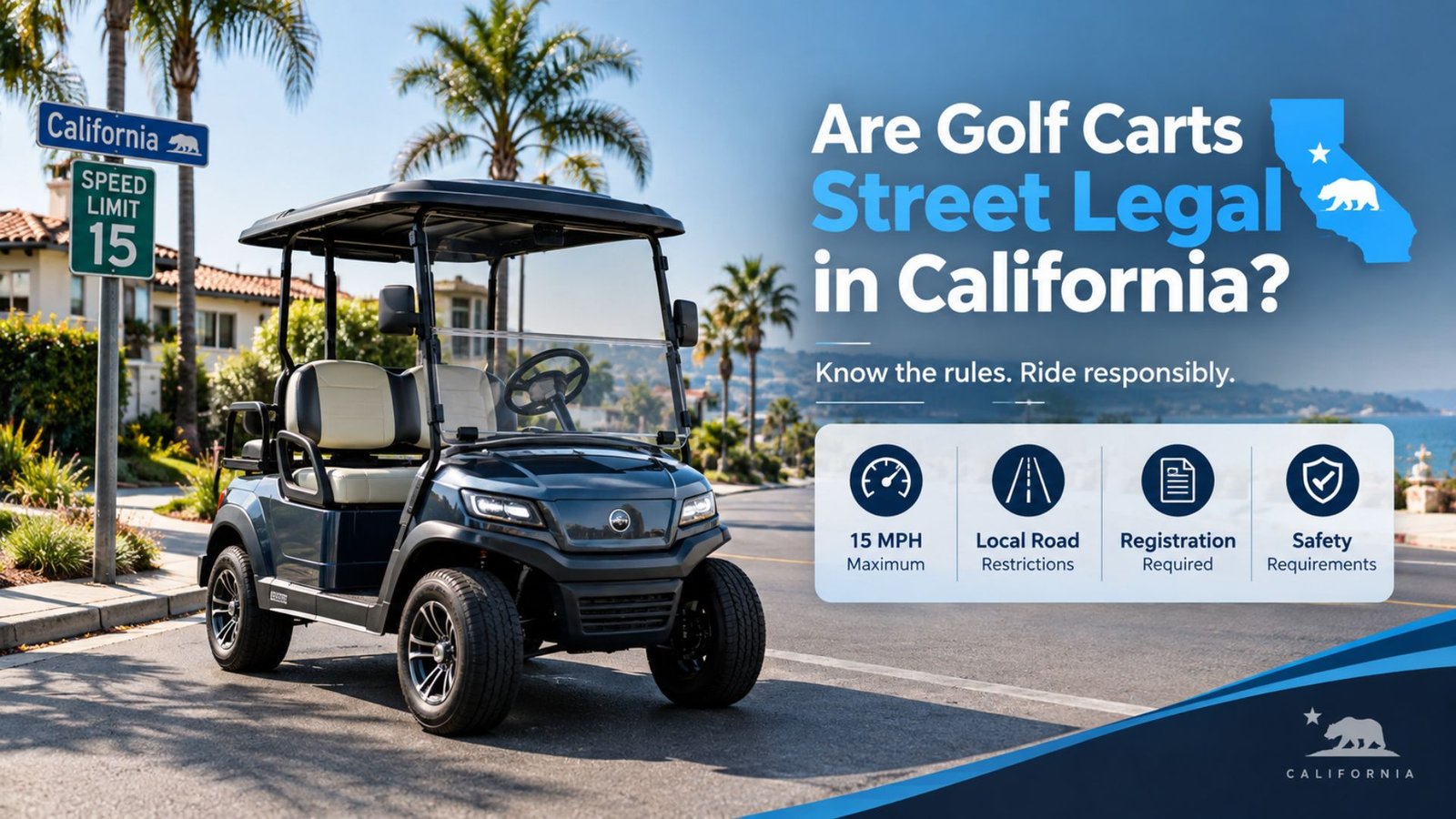 “Are golf carts street legal in California, showing an electric golf cart on a California residential street with legal requirements and road restrictions.”