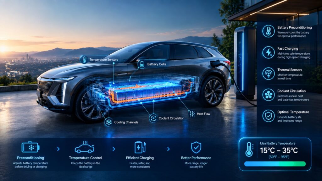 Electric vehicle battery preconditioning and thermal management showing temperature control, cooling, charging, and battery health technology.