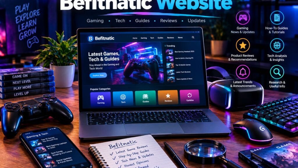 Befitnatic Website featuring a modern gaming and technology workspace with a laptop, gaming accessories, VR headset, reviews, guides, and digital technology elements.