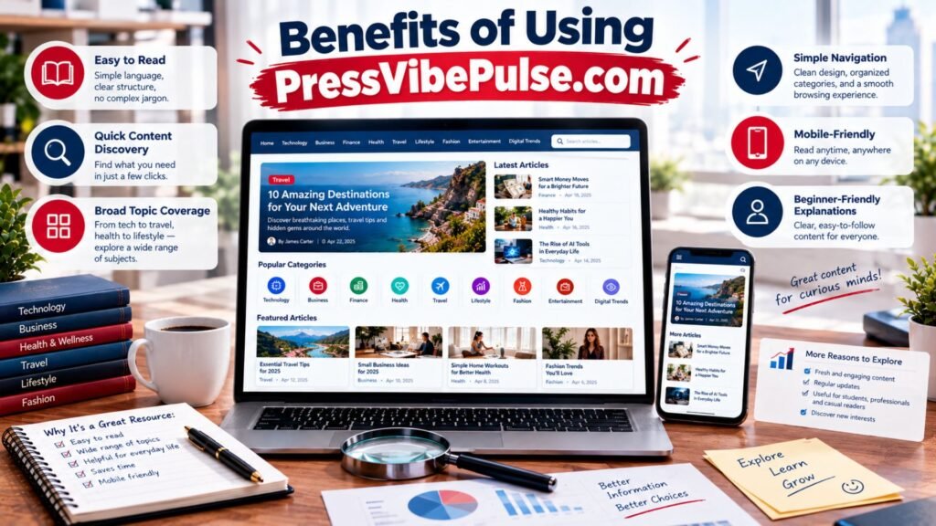 Benefits of using PressVibePulse.com including easy reading, broad topic coverage, quick content discovery, simple navigation, and mobile-friendly browsing.