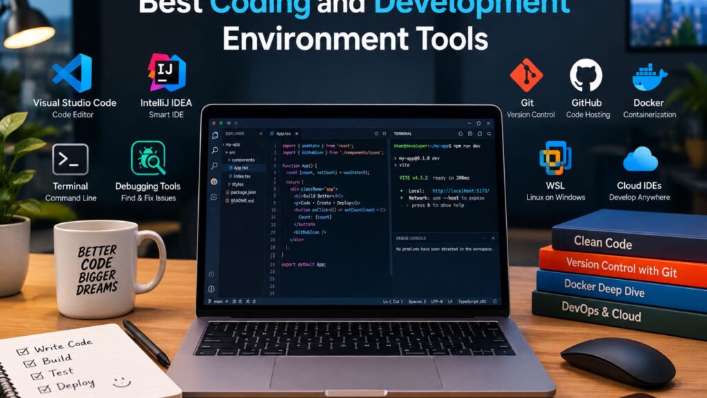 Best coding and development environment tools displayed on a developer workspace with code editor, terminal, debugging, and version control tools.