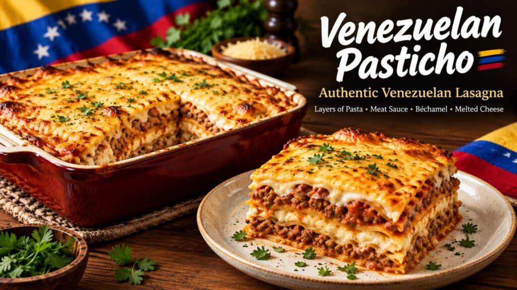 Authentic Venezuelan pasticho lasagna with layered pasta, meat sauce, béchamel, and melted cheese.