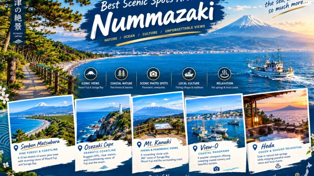 Scenic Numazu coastline with Mount Fuji, Suruga Bay, pine forests, coastal trails, and fishing boats