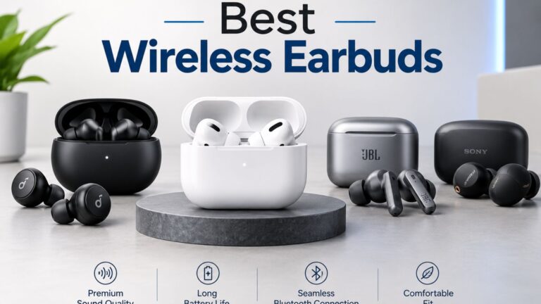 Best wireless earbuds with charging cases arranged in a modern product display