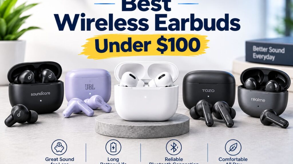 “Best wireless earbuds under $100 with multiple earbuds and charging cases displayed on a modern surface