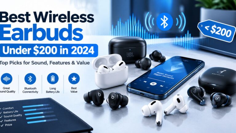 Best wireless earbuds under $200 in 2024 arranged with a smartphone and charging case in a premium tech comparison setup.