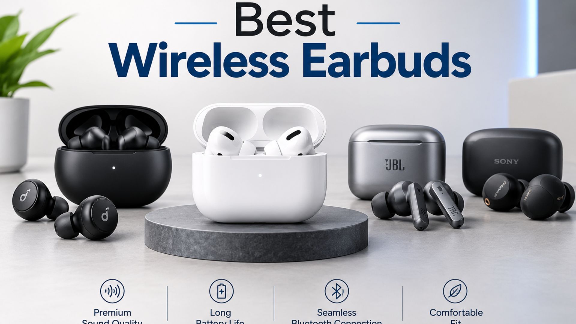 Best wireless earbuds with charging cases arranged in a modern product display