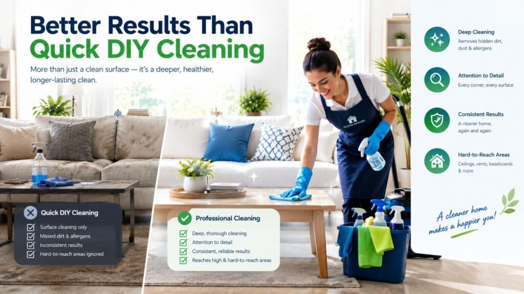 Professional cleaner achieving a thorough, polished home-cleaning result compared with quick DIY cleaning.