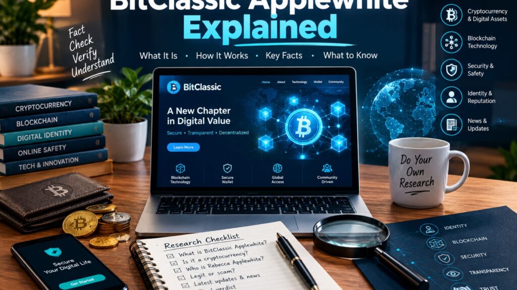BitClassic Applewhite explained through a modern digital scene featuring a laptop, blockchain visuals, cryptocurrency symbols, and online research elements