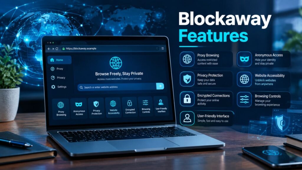 Blockaway Features shown on a laptop with proxy browsing, privacy protection, anonymous access, encrypted connections, and website accessibility elements.