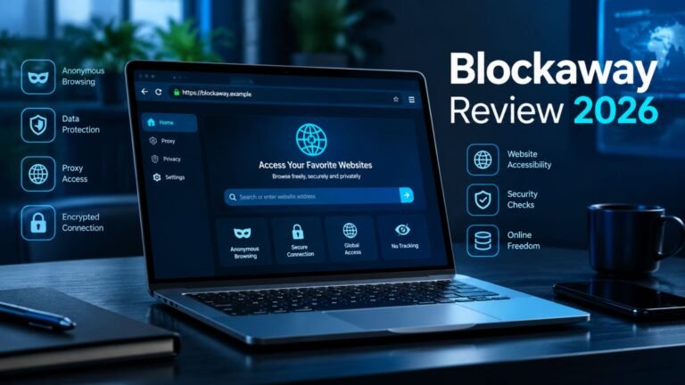 Blockaway Review 2026 showing a privacy-focused browsing interface with online security, anonymous access, and data protection elements.