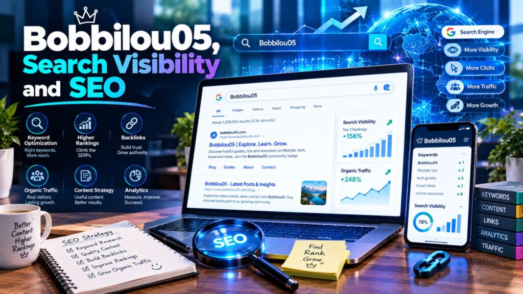 Bobbilou05 search visibility and SEO concept showing search rankings, keyword optimization, organic traffic, backlinks, and digital analytics