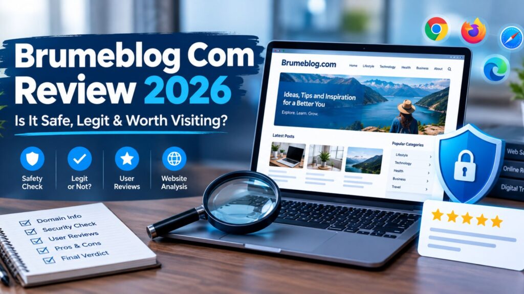 Brumeblog.com content quality and reliability analysis showing website articles, credibility checks, fact-checking, editorial standards, and a verification checklist on a laptop screen.