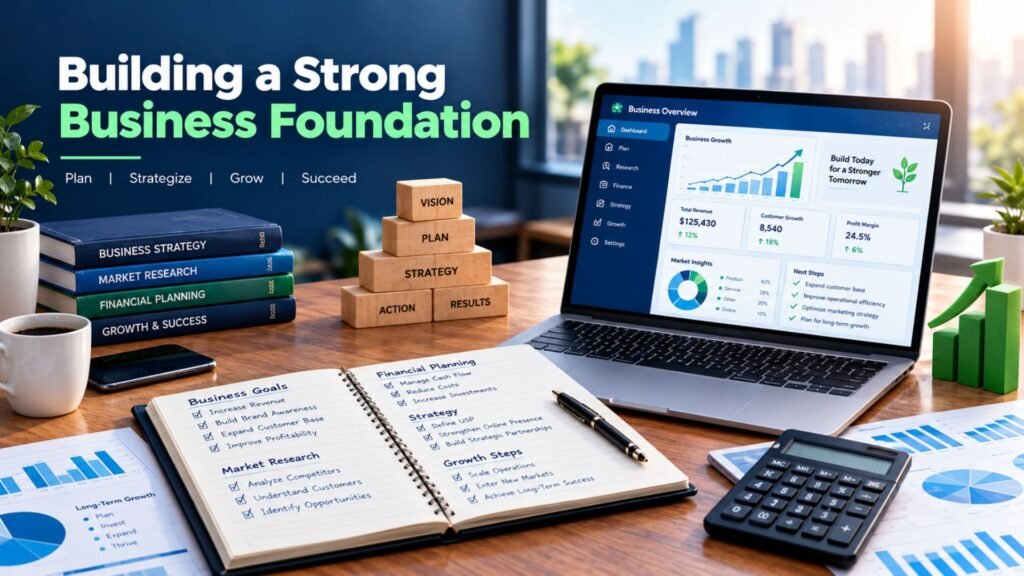 Building a strong business foundation with planning, financial strategy, market research, and growth goals