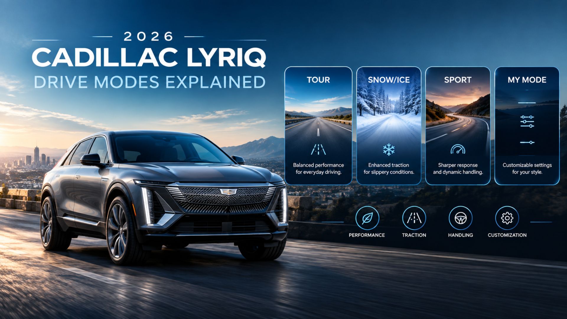 2026 Cadillac LYRIQ drive modes explained with Tour, Snow Ice, Sport, and My Mode settings.
