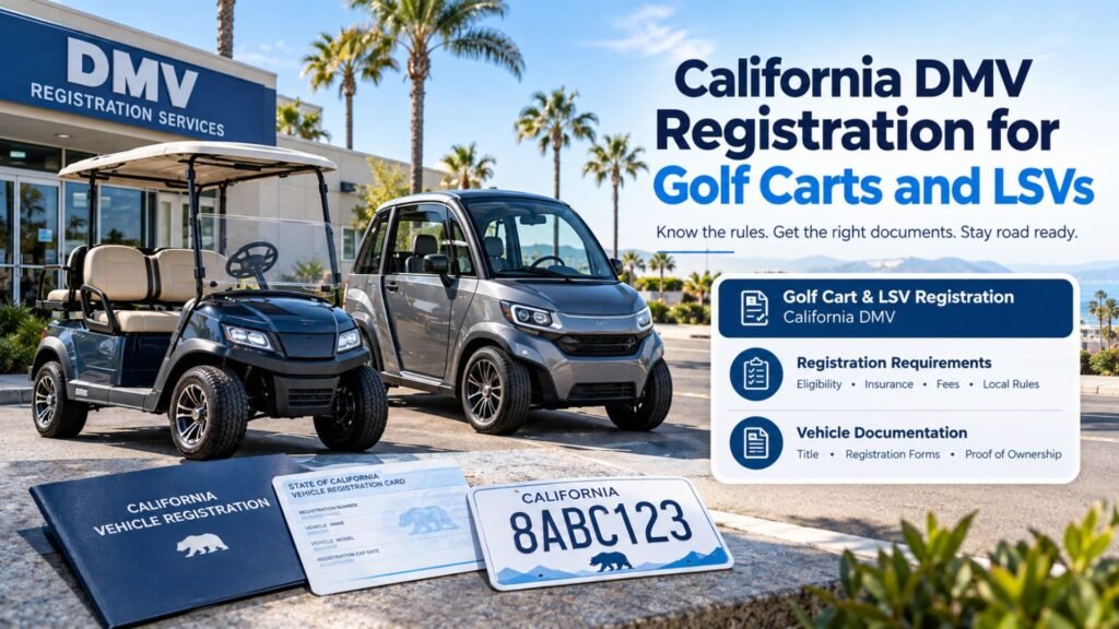 California DMV registration for golf carts and LSVs showing a modern electric golf cart, registration documents, license plate, and California street setting.
