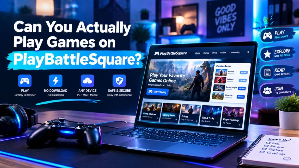 Gaming laptop displaying a PlayBattleSquare interface for playing games online, with a controller, headphones, game categories, and gaming features.