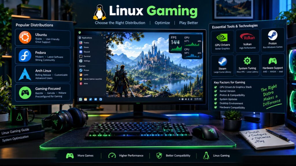 Linux gaming setup comparing distributions, GPU drivers, Proton, Vulkan, and gaming performance options.