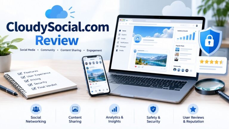 CloudySocial.com review shown on a laptop with social media features, website credibility checks, and security indicators.
