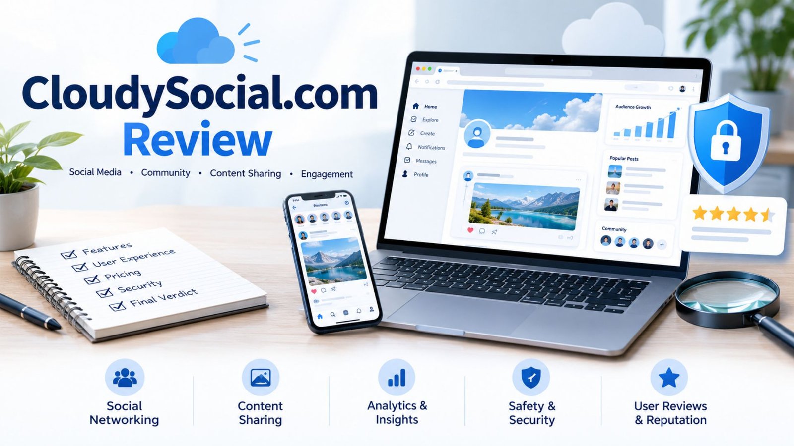 CloudySocial.com review shown on a laptop with social media features, website credibility checks, and security indicators.