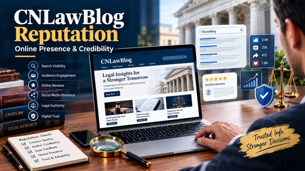 CNLawBlog reputation and online presence shown through a professional reviewing a legal website with search visibility, credibility, audience engagement, and digital trust indicators.