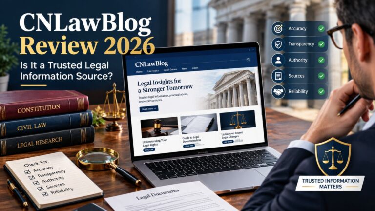 CNLawBlog Review 2026 showing a professional evaluating a legal information website for trustworthiness, accuracy, sources, and credibility.