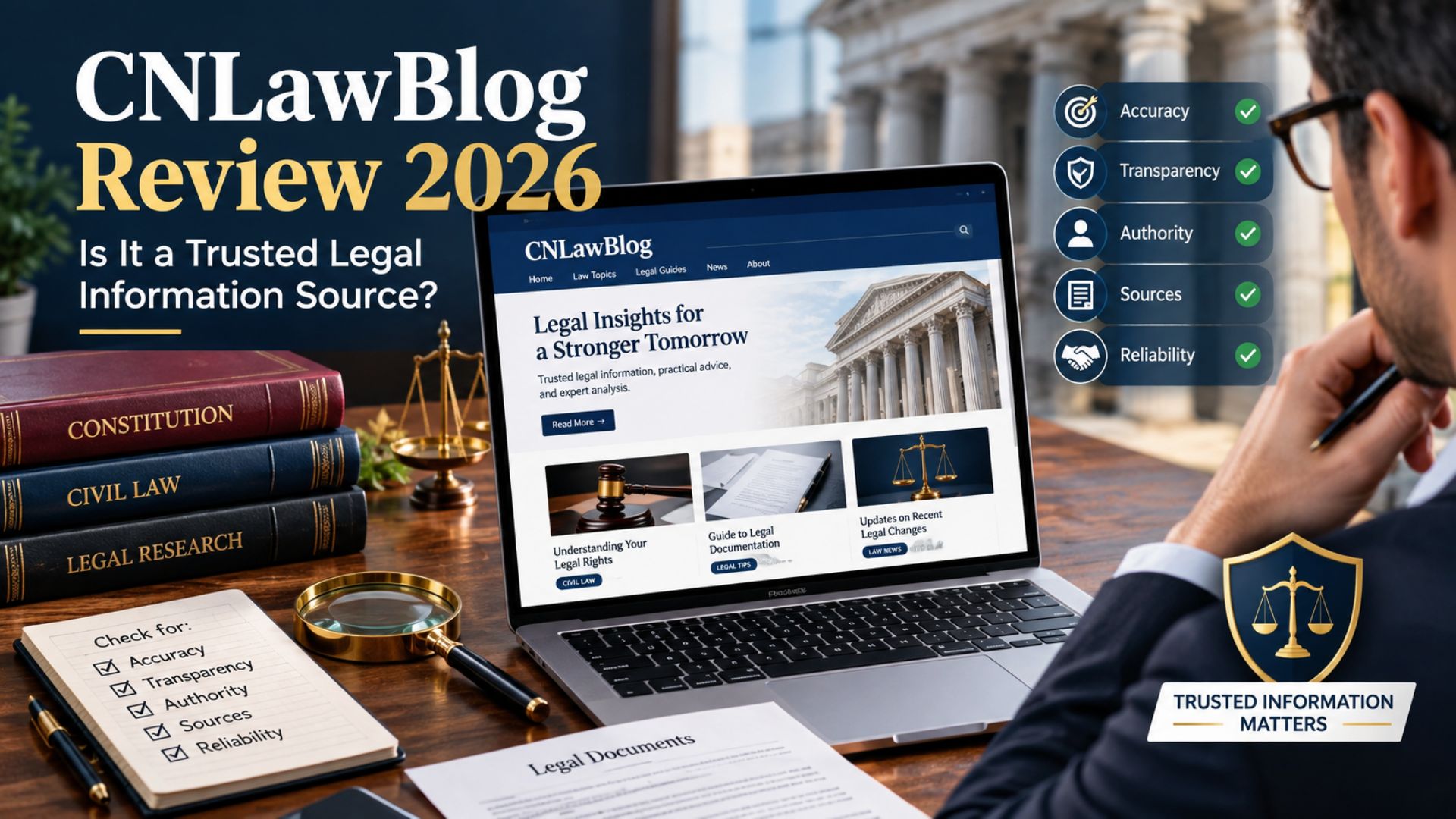CNLawBlog Review 2026 showing a professional evaluating a legal information website for trustworthiness, accuracy, sources, and credibility.