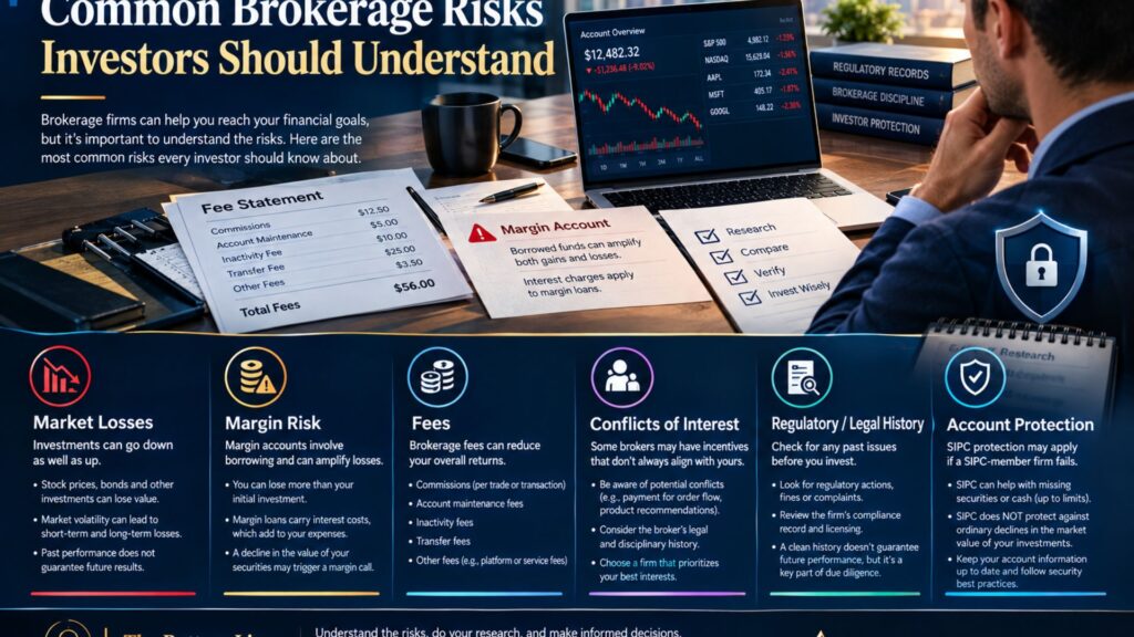 Financial editorial graphic illustrating common brokerage risks including market losses, margin, fees, conflicts of interest, regulatory history, and account protection