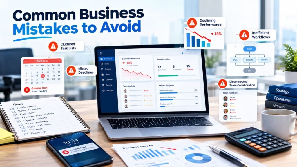 Modern business workspace showing common business mistakes, including missed deadlines, inefficient workflows, declining performance charts, and poor team coordination.