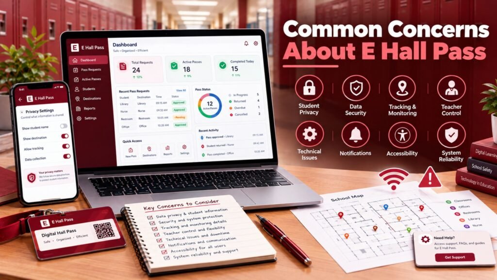 Common concerns about E Hall Pass, showing digital privacy, data security, student movement tracking, technical issues, accessibility, notifications, and system reliability.