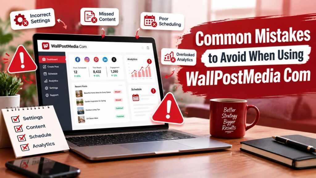 Common mistakes to avoid when using WallPostMedia Com shown with a laptop dashboard, warning icons, and checklist symbols