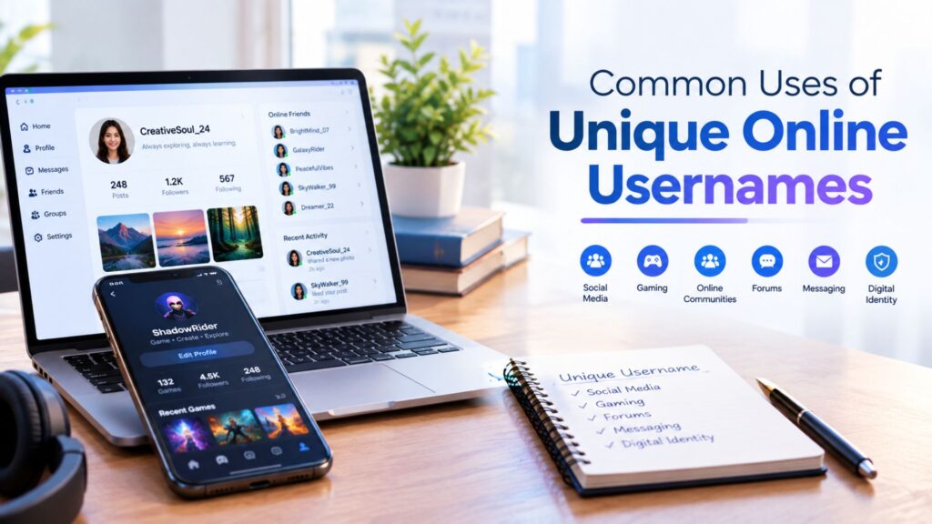 Common uses of unique online usernames shown through social media profiles, gaming accounts, online communities, messaging, and digital identity