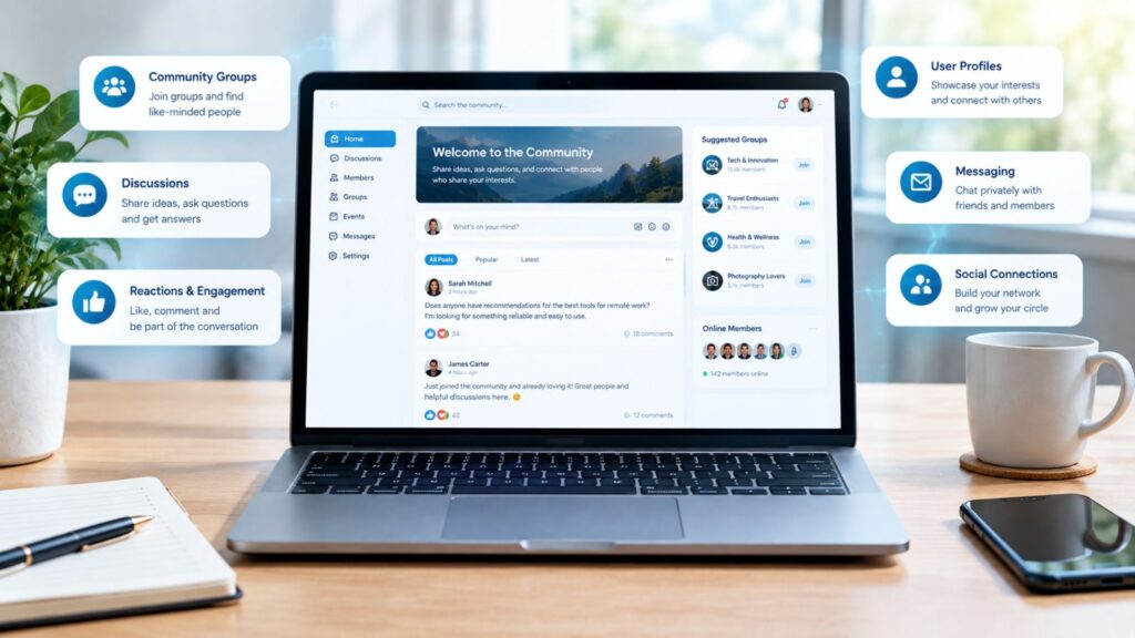 Modern laptop displaying a digital community platform with user profiles, discussion threads, messaging, reactions, social connections, and community groups.