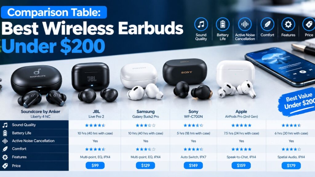 Comparison of the best wireless earbuds under $200 based on sound quality, battery life, features, comfort, and price.